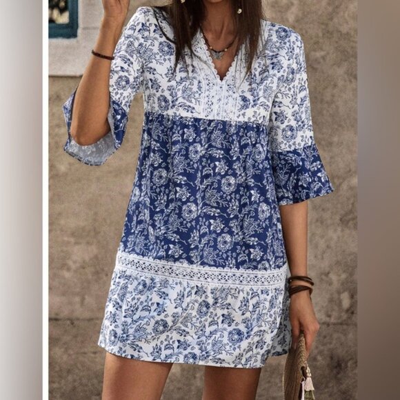 Blue Boho Floral Print Lace Dress - Picture 1 of 6
